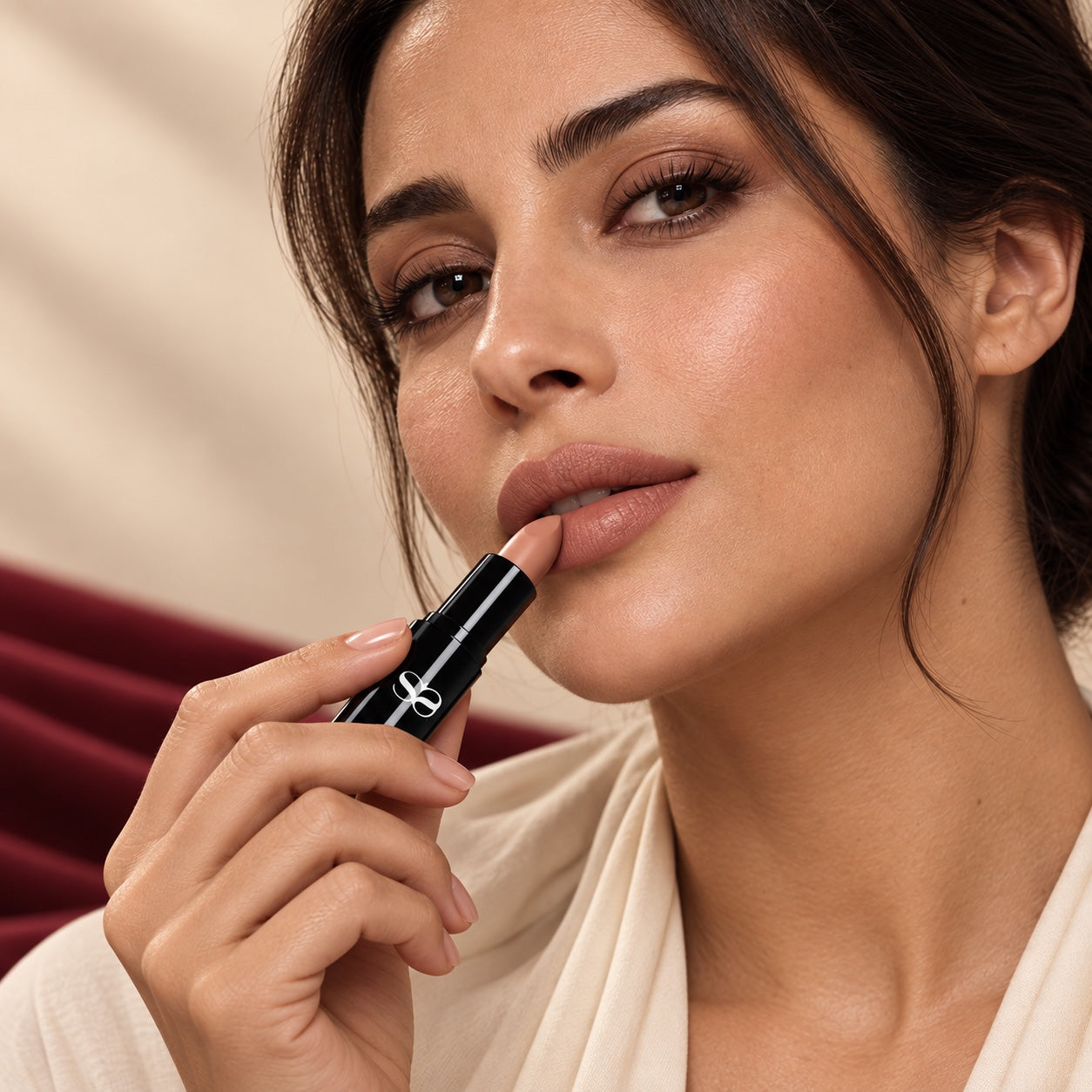 Applying nude beige lipstick across the lower lip